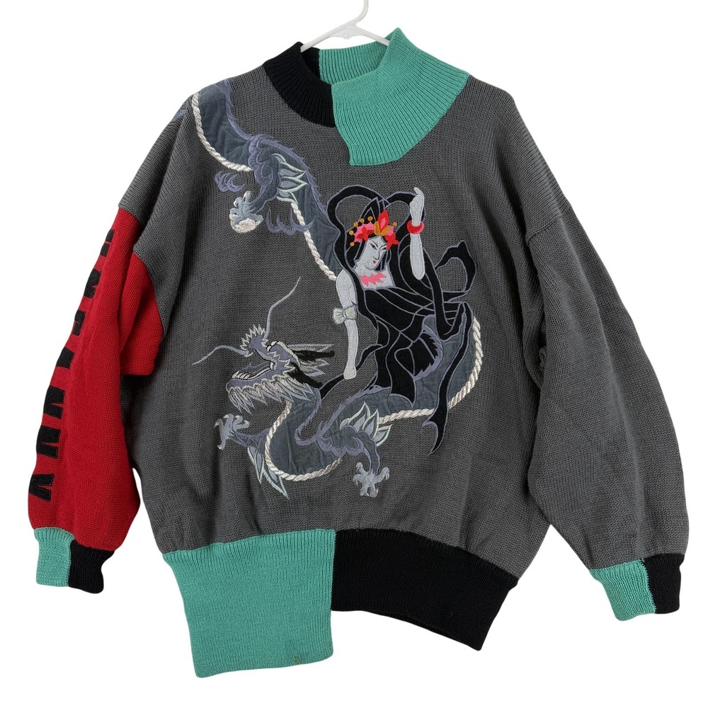 Vintage Kansai International Sweater Mens Medium Multicolor‎ Wool Dragon Geisha